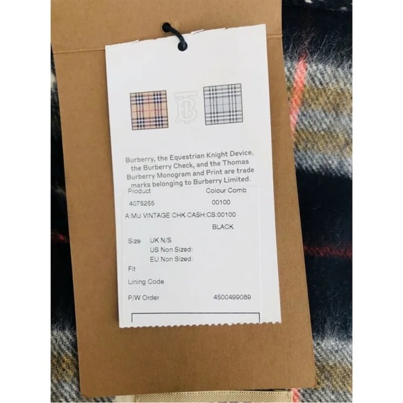 Burberry Cashmere Vintage Check Black Striped Logo Fringed Scarf - Picture 3 of 9
